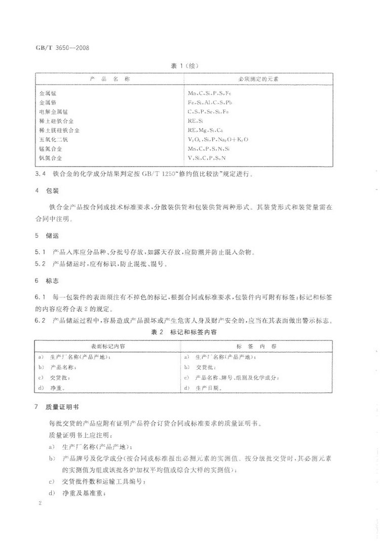 鐵合金驗收、包裝、儲運、標志和質(zhì)量證明書的一般規(guī)定國家標準GB/T 3650-2008